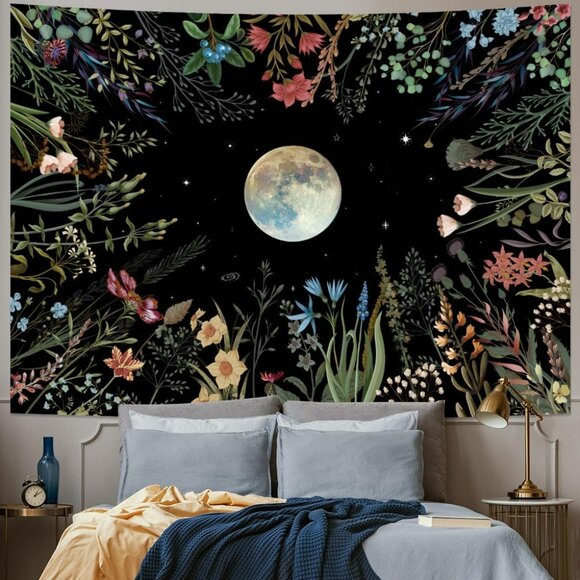 Moonlit Garden Tapestry Boho Moon Tapestry Floral Flower Tapestries Colorful Pla